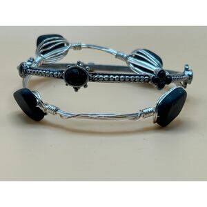 Silver & Black Bracelet Bundle – Stone-Wrapped Wire and Gem Accent Bangle
